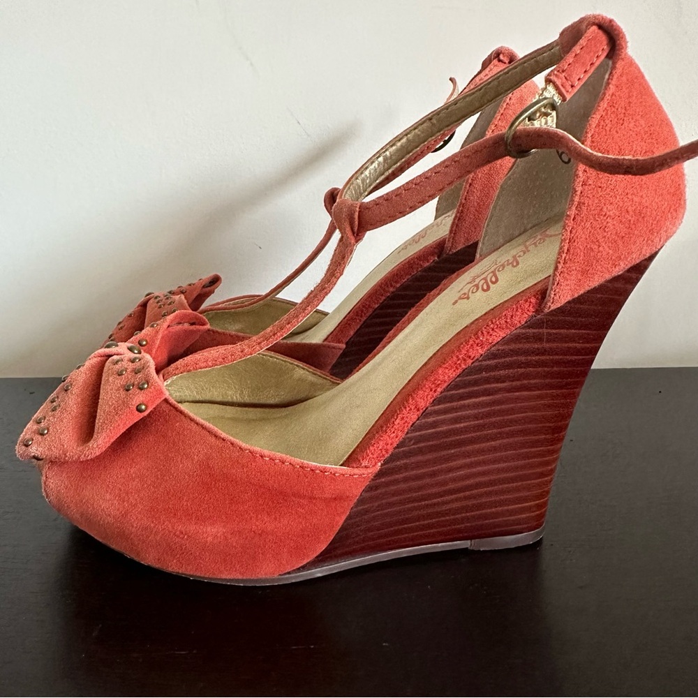 Sam Edelman Orange Suede Wedge Sandals with Bows and Bronze Studs